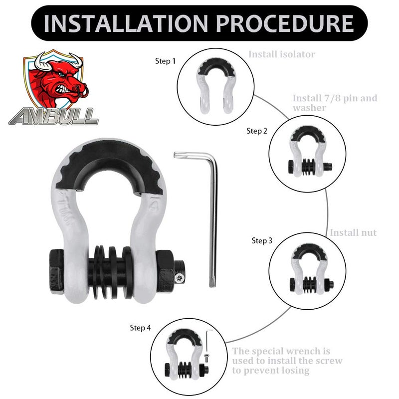 AMBULL Shackles 3/4" D Ring Shackle (2 Pack) 45,000lb Break Strength with 7/8" Pin, Anti Theft Security Screws, Isolator & Washer Kits for Use with Tow Strap Winch Truck Vehicle Recovery, White - Image 4